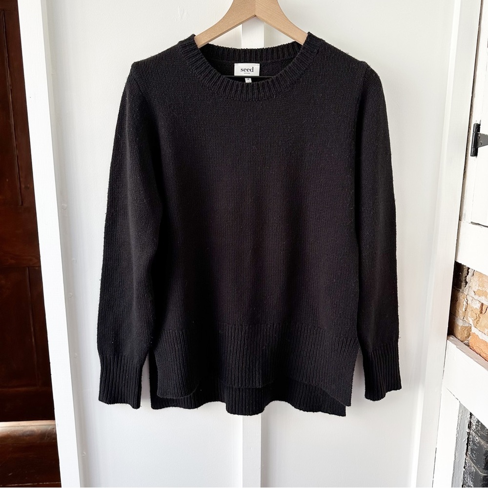 SEED HERITAGE black split hem crewneck wool sweater